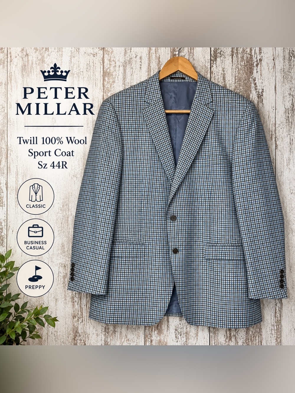 Peter Millar Twill 100% Wool Sport Coat Sz 44R